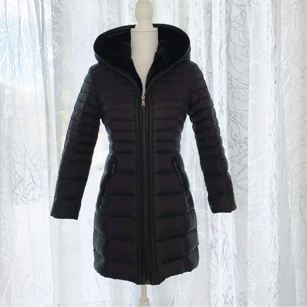 PAJAR CANADA cece black faux fur lined hood zip up long down feather jacket - Picture 1 of 13